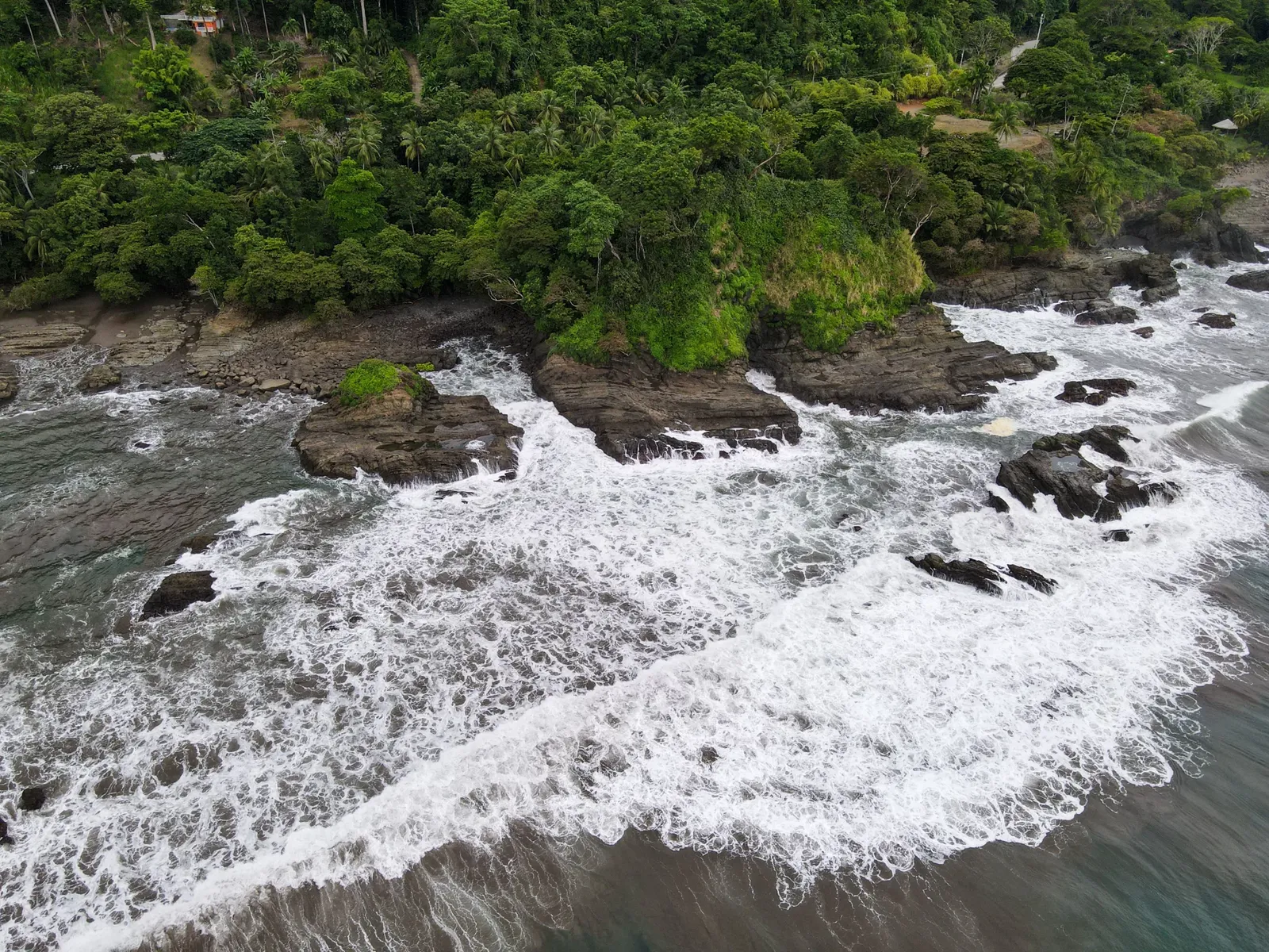 Rocky coastline and surf, Dominical–Uvita area (aerial)